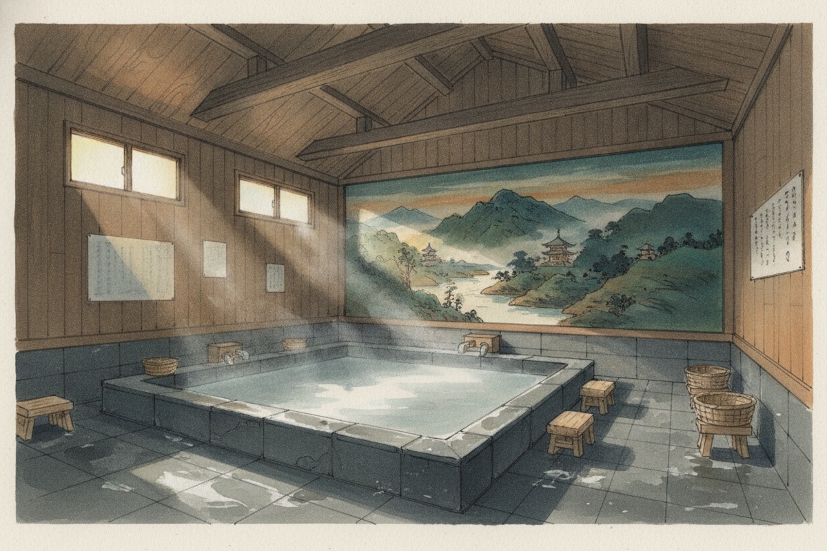 Illustrated scene of Niekawa-no-Yu Public Bath