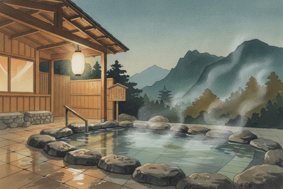 Illustrated scene of Ouketsu-no-Yu Garden Open-Air Bath