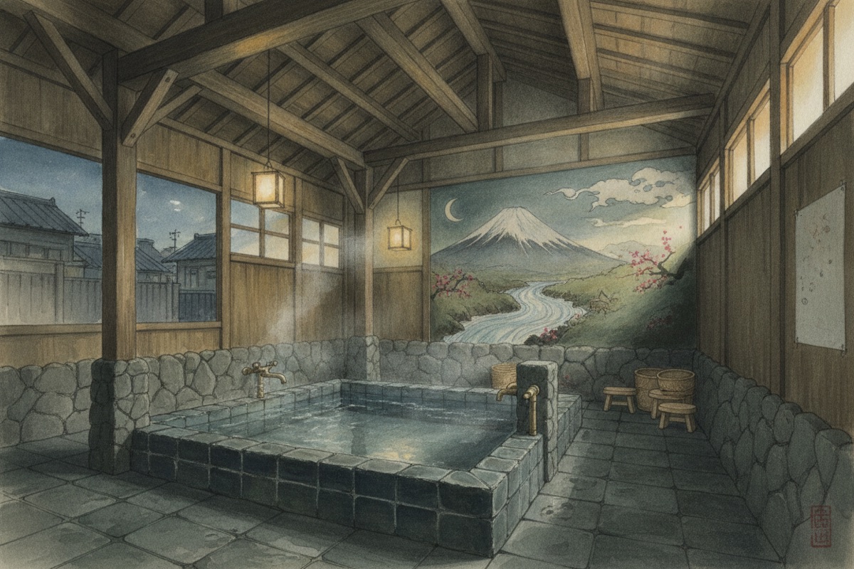 Illustrated scene of Sarugakyo Resident Center public bath.(Non-residents of the district are allowed.)