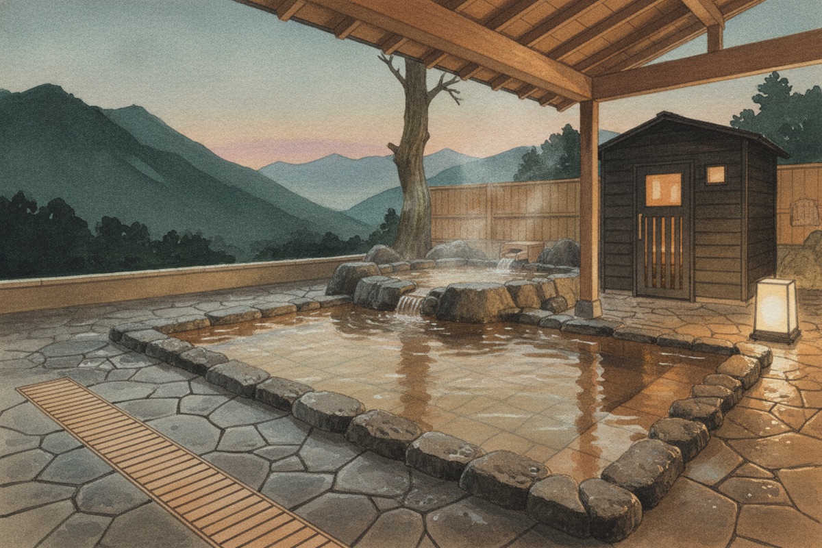 Illustrated scene of Lamune Onsen