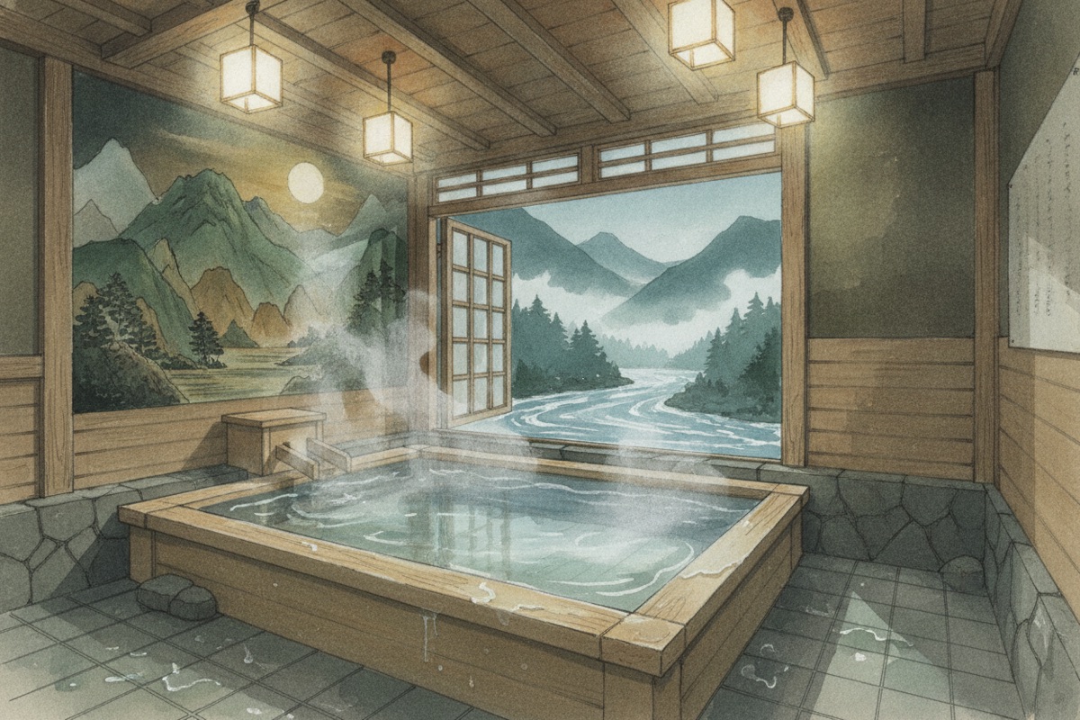 Illustrated scene of Gion onsen