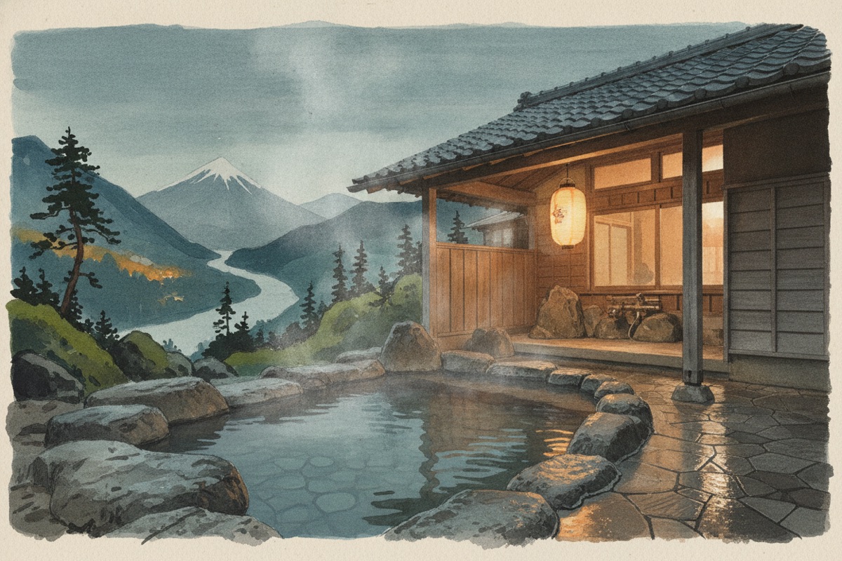 Illustrated scene of Megumi Chaya Day-Use Onsen