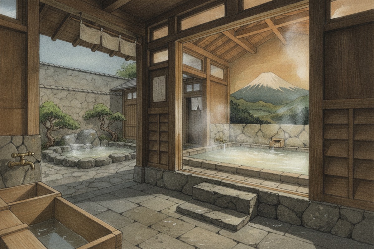 Illustrated scene of Mikaeri Onsen