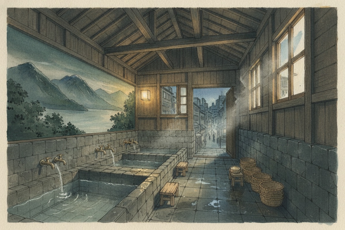 Illustrated scene of Yokohama Onsen Koganeyu