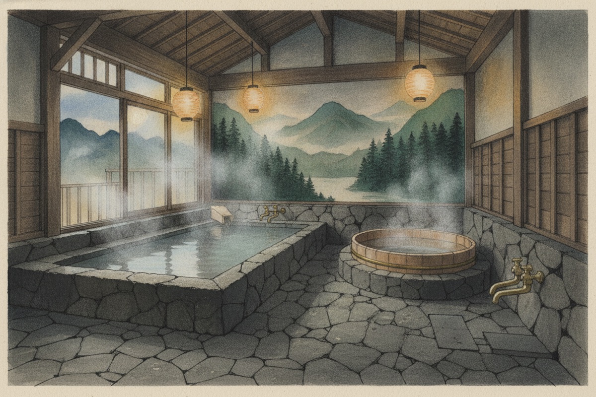 Illustrated scene of Kamiya onsen