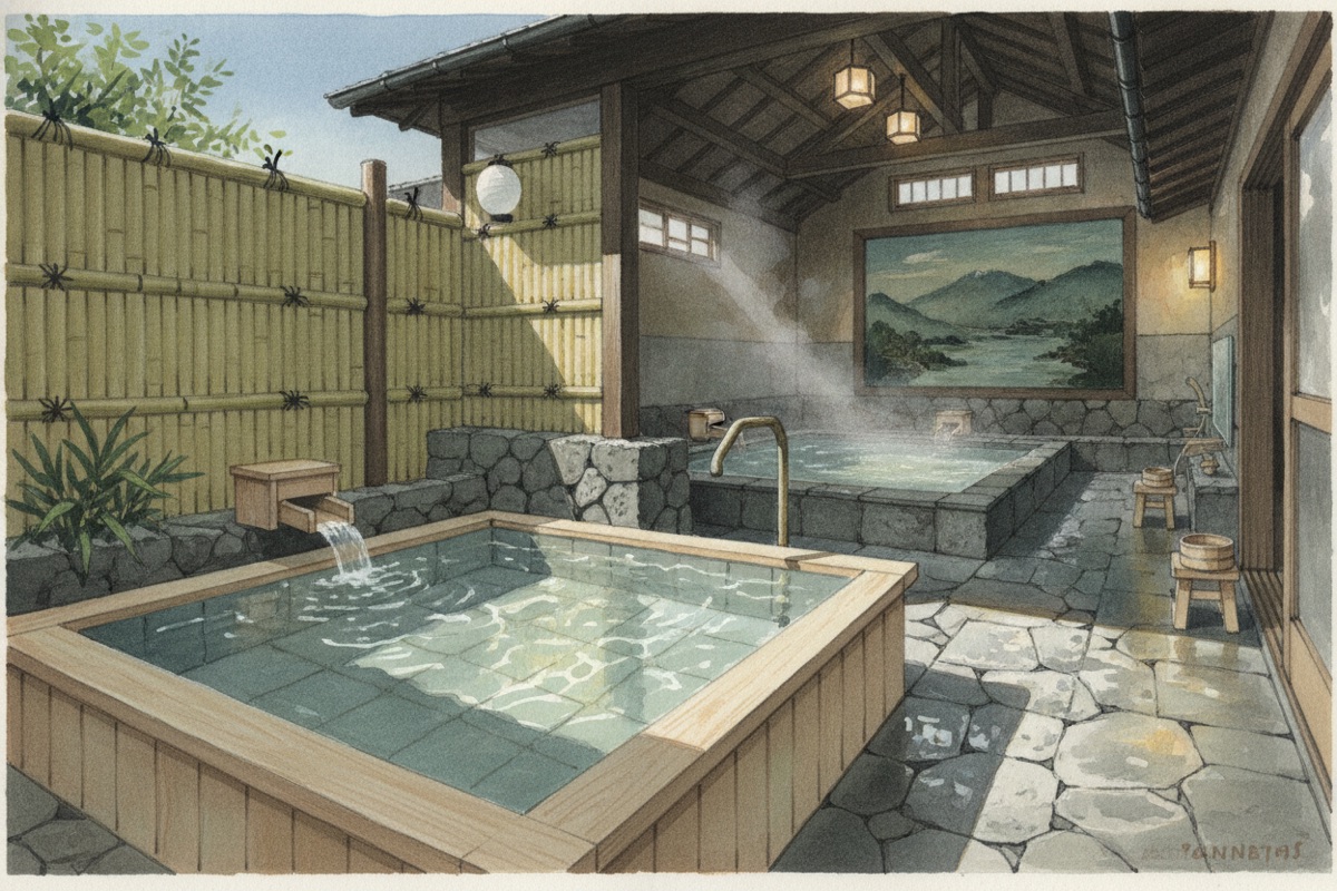 Illustrated scene of Self-style hot spring take out place in Izumi Hot Spring.