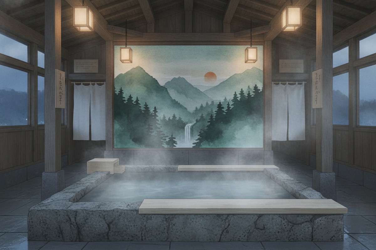 Illustrated scene of Nanatsuishi Onsen