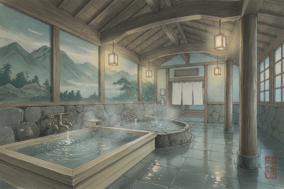 Illustrated scene of Kinei onsen