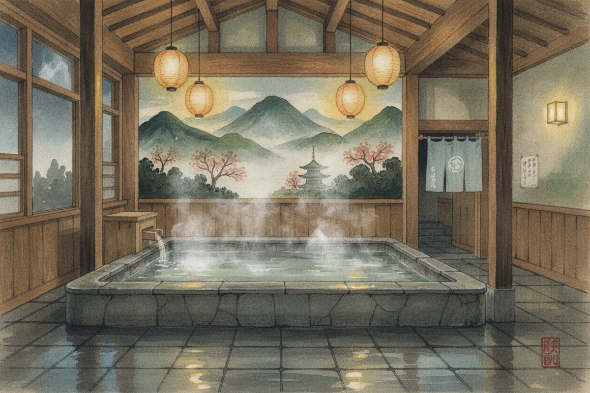 Illustrated scene of Gokuraku Hot Spring
