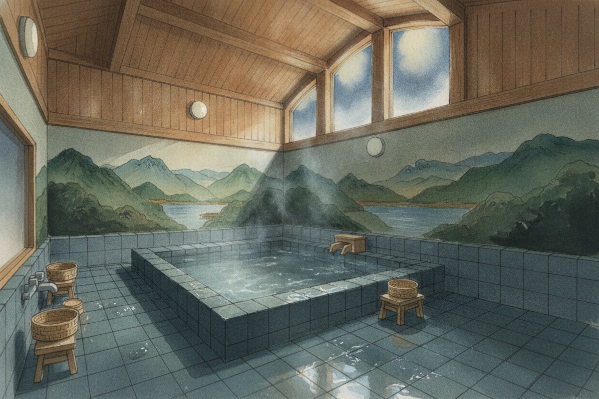 Illustrated scene of Sarugakyo Community Hall Public Bath