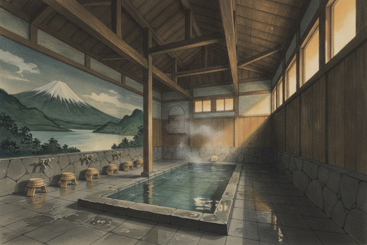 Illustrated scene of Choju-no-Yu (Indoor Bath)