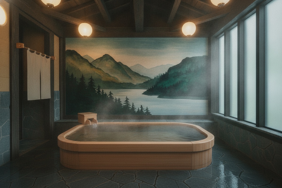 Illustrated scene of Gomuso-no-yu Public Bath