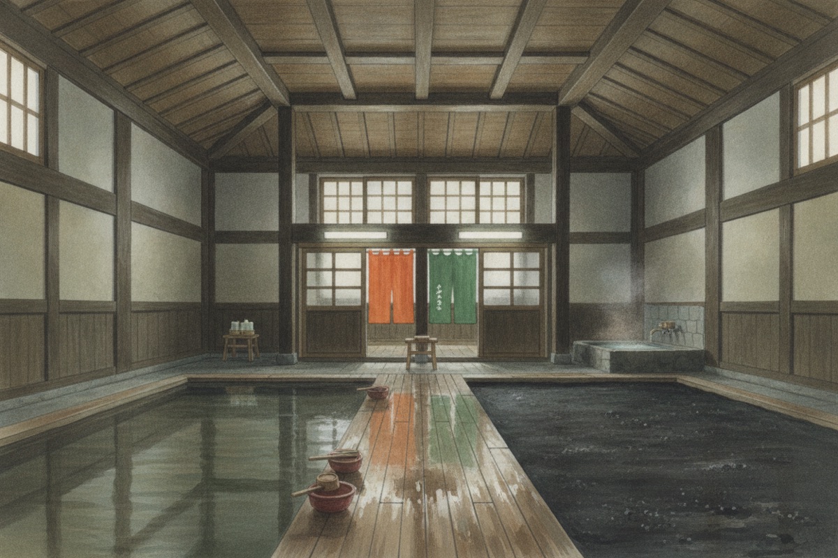 Illustrated scene of Takegawara Onsen