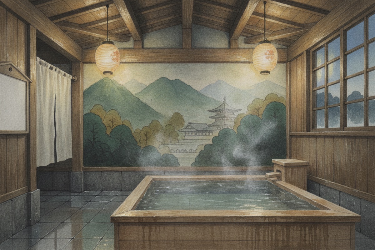 Illustrated scene of Nagayu Onsen Drinking Spring