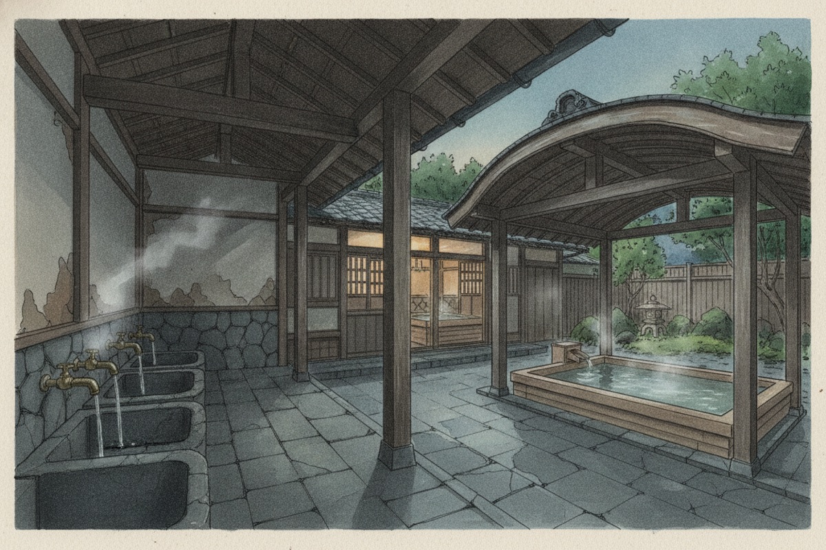 Illustrated scene of Yunohira Onsen