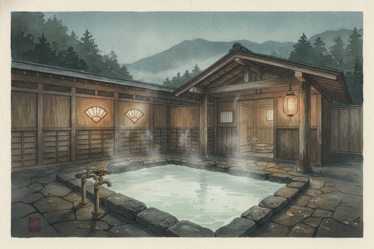 Illustrated scene of Manza Onsen Nisshin Kan