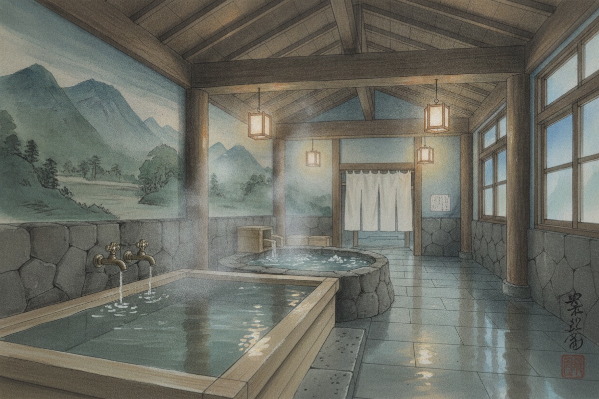 Illustrated scene of Kasuga onsen