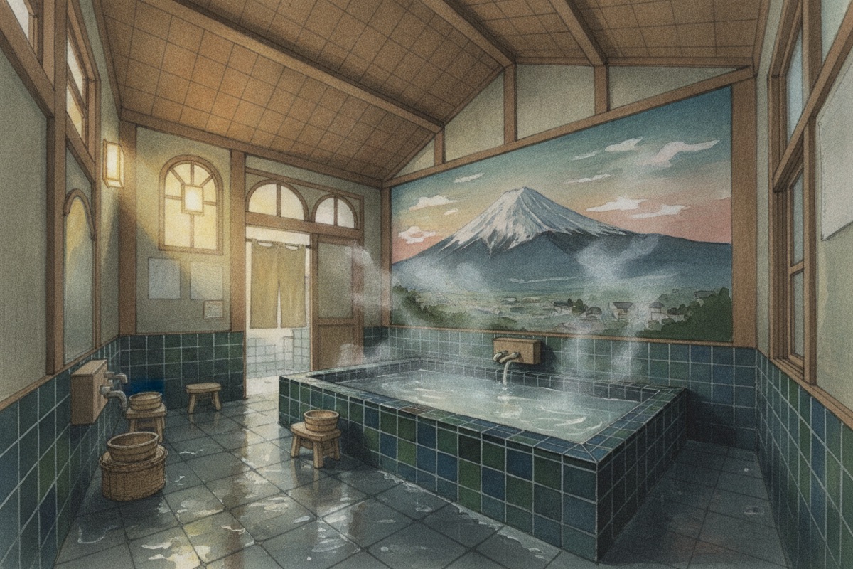 Illustrated scene of Kami-no-yu Public Bath