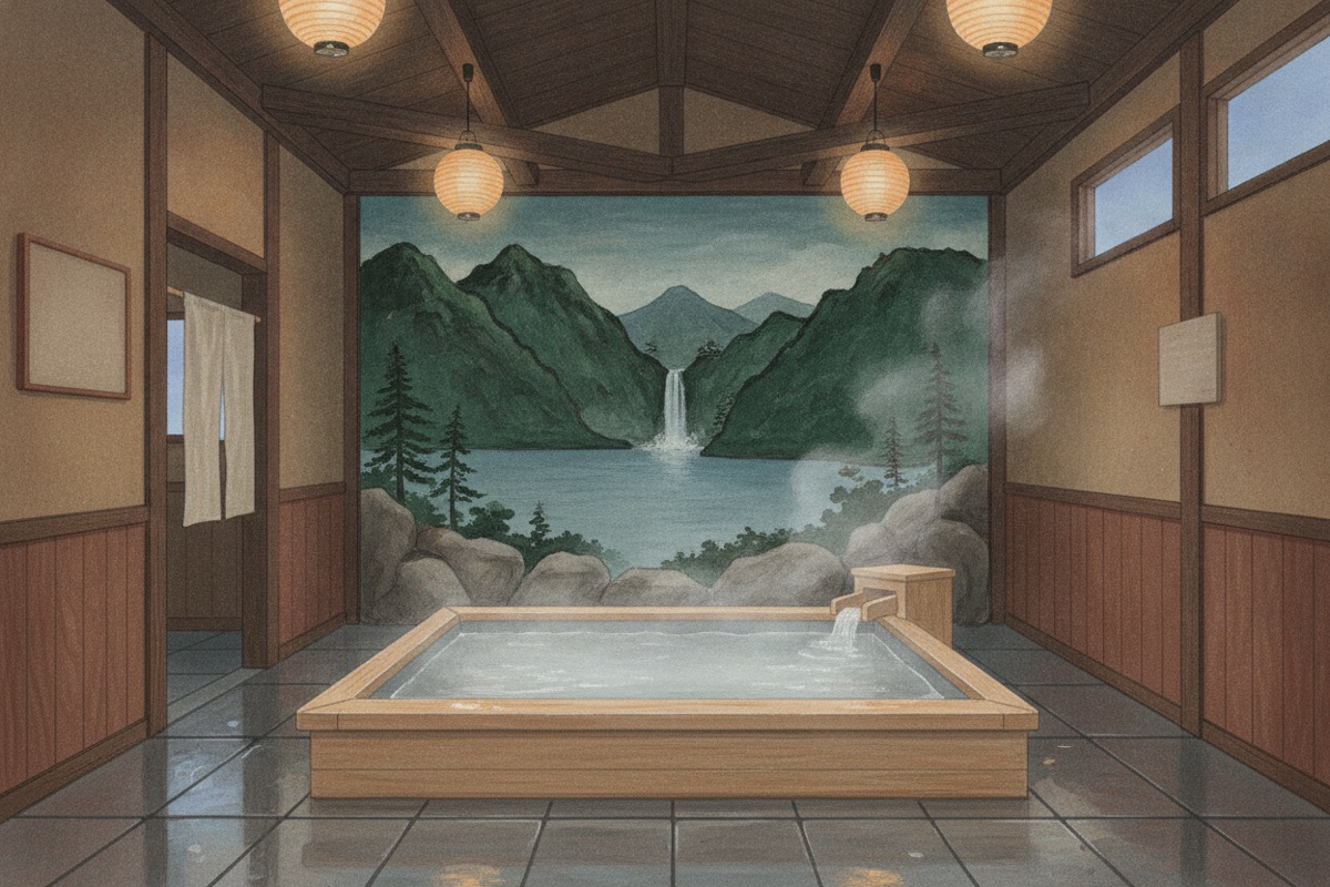 Illustrated scene of Myoban Onsen Monument