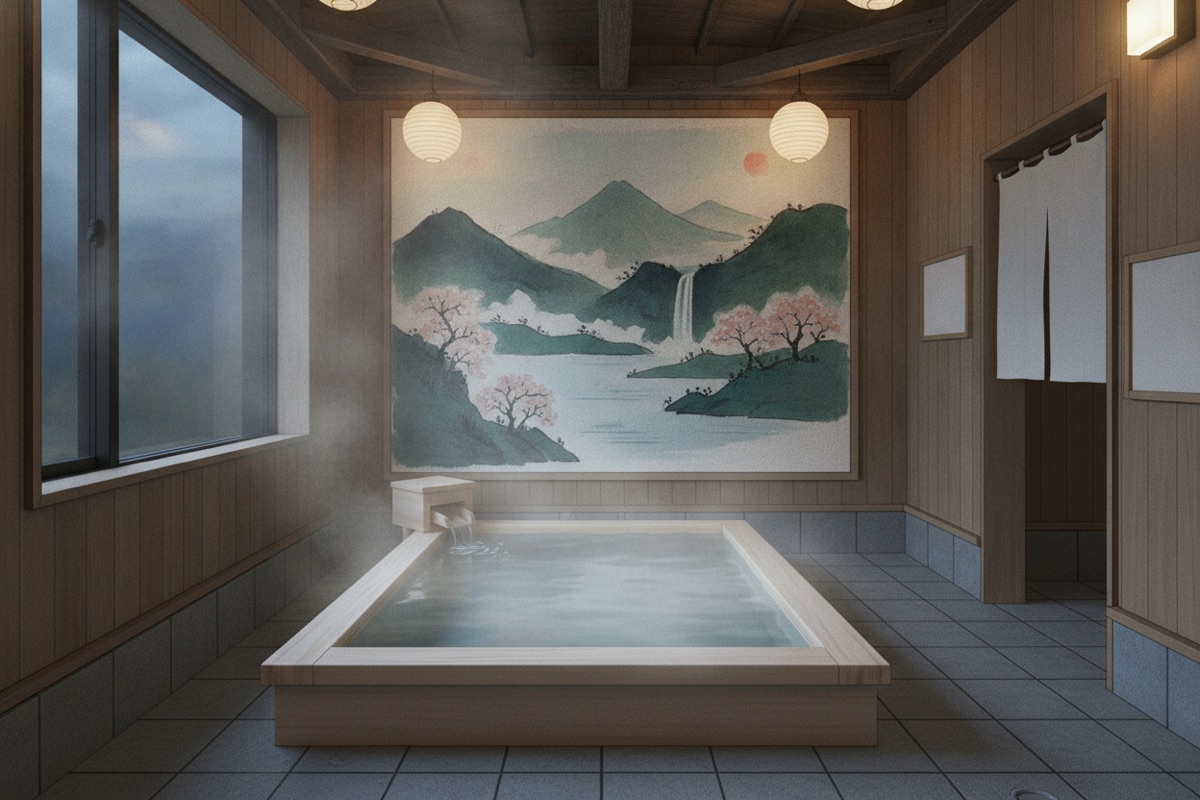 Illustrated scene of Kokura Yakushi Onsen Oka-no-Yu