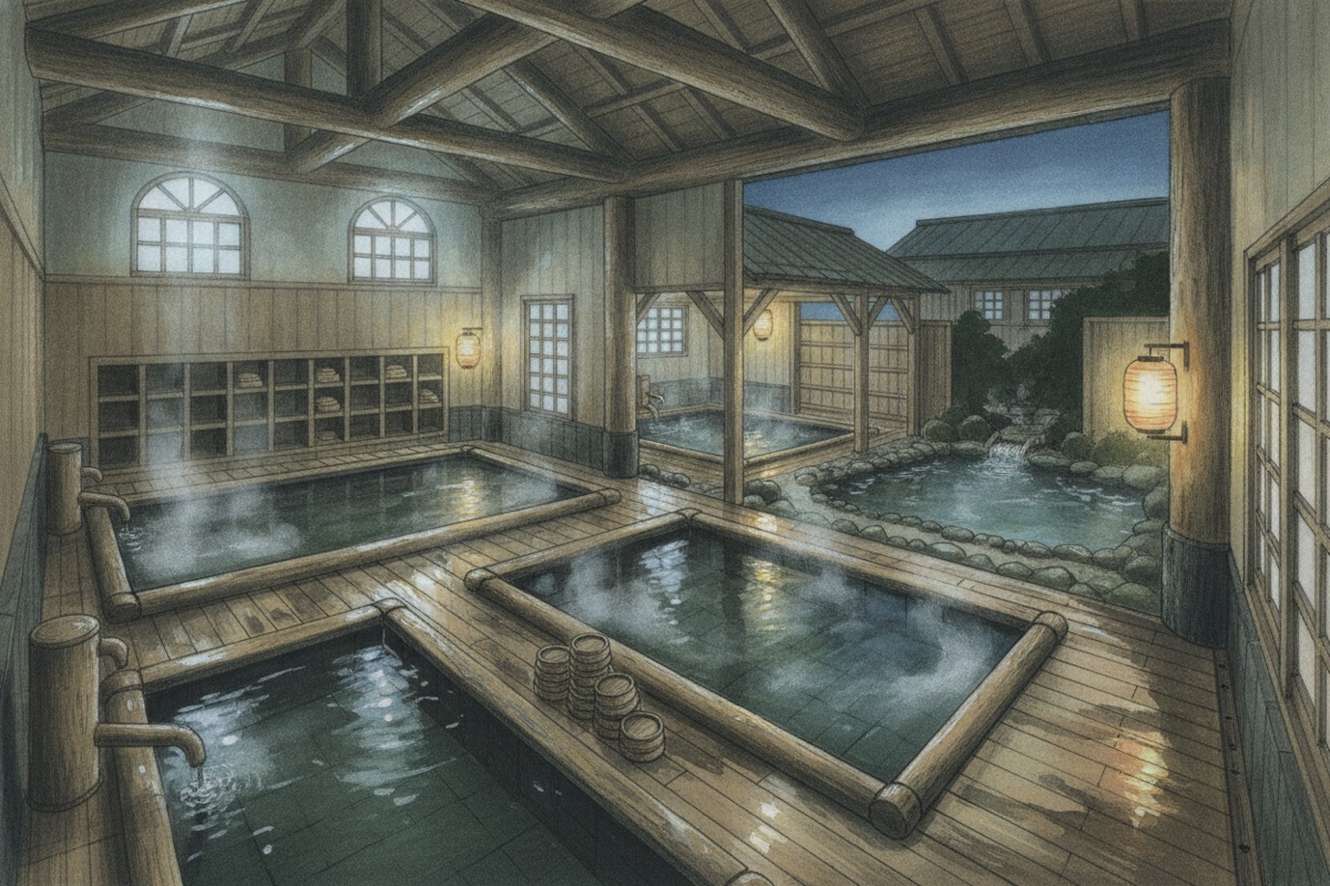 Illustrated scene of Hoshi-no-Yu (Mixed Bathing)