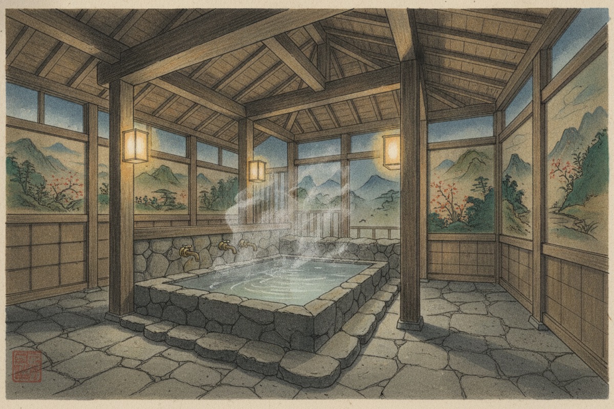 Illustrated scene of Ichinoharu Kyodo onsen