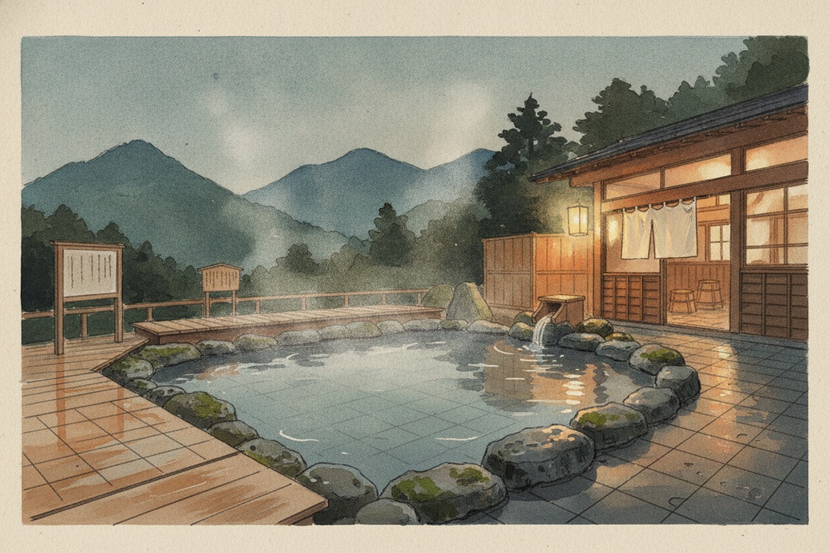 Illustrated scene of Yufudake Onsen