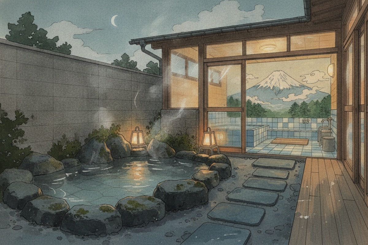 Illustrated scene of Rinraku Open-Air Bath