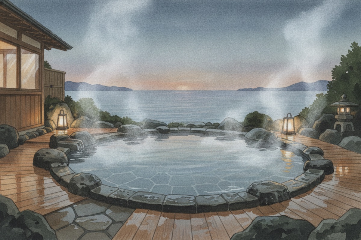 Illustrated scene of Beppu Beach Sand Bath